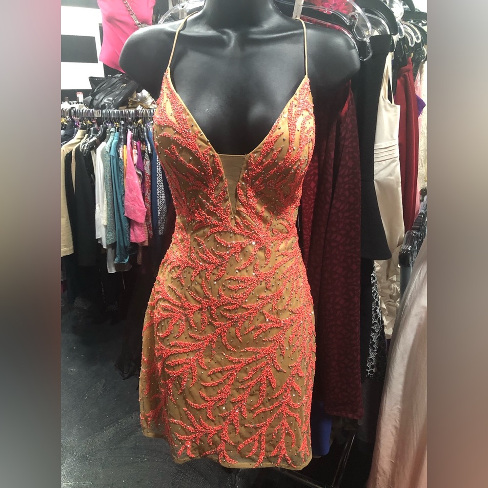 Primavera Couture Orange & Tan Beaded Cocktail Dress